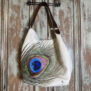 Elliott Lucca Large Cream Leather Handbag Hand Painted Peacock Feather S…